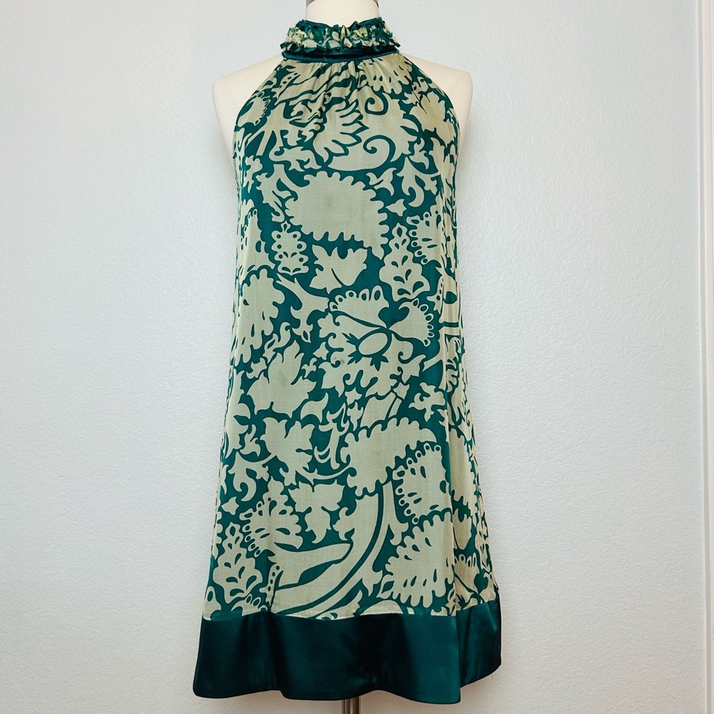 ARK Halter High Neck Dress Women's M Green Floral Keyhole Back Lined Silk Blend